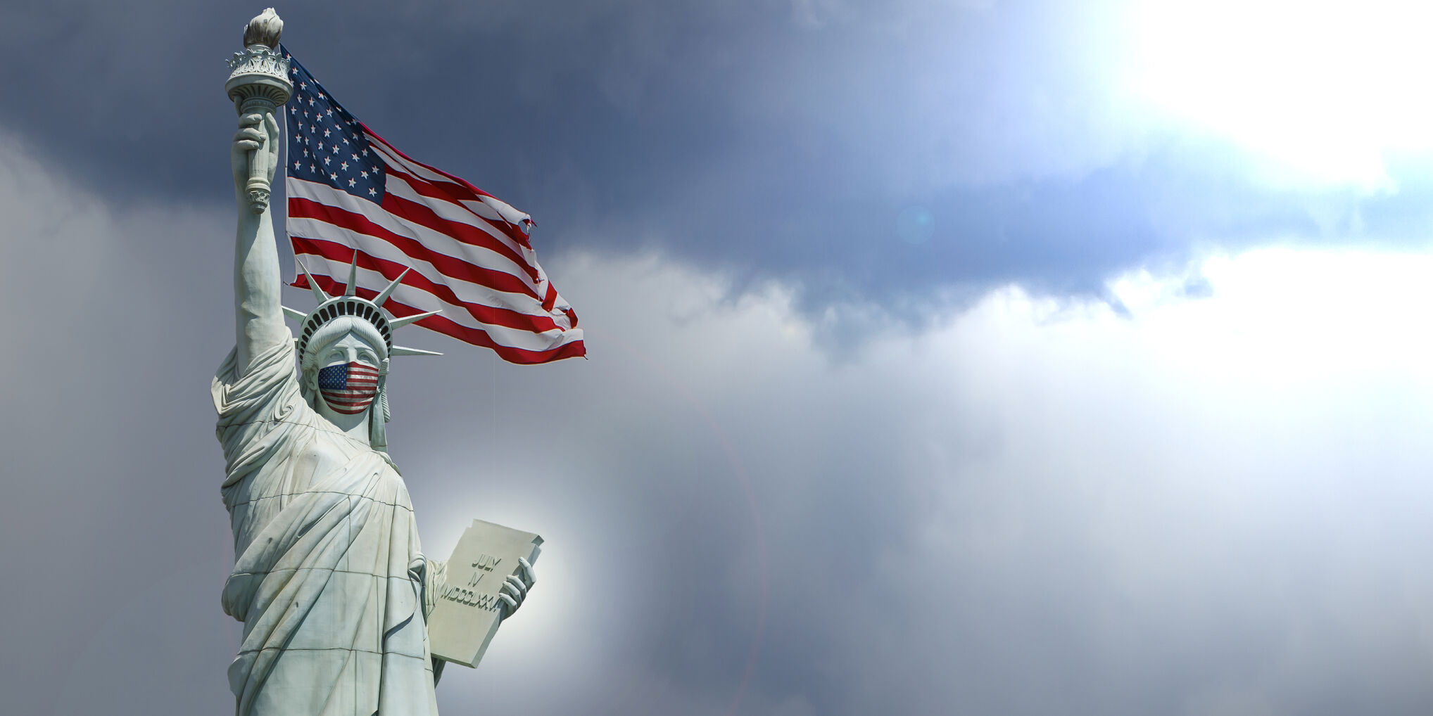 Statue Of Liberty New York Covid-19, Coronavirus Concept, Liberty Monument With American Medical Mas
